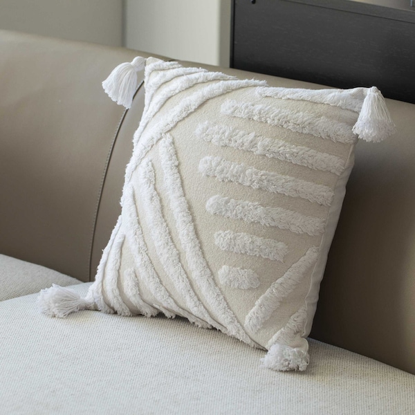 Deerlux 16" Handwoven Cotton Throw Pillow Cover with White Tufted Line Pattern and Tassel Corners, White - QI004305.LN