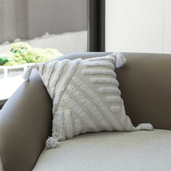 Deerlux 16" Handwoven Cotton Throw Pillow Cover with White Tufted Line Pattern and Tassel Corners, White - QI004305.LN