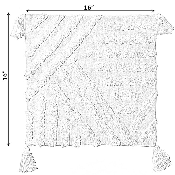 Deerlux 16" Handwoven Cotton Throw Pillow Cover with White Tufted Line Pattern and Tassel Corners, White - QI004305.LN