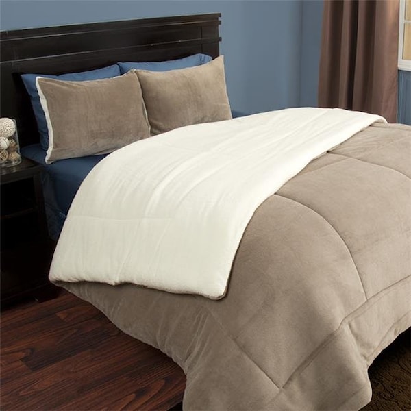 Lavish Home Lavish Home 66-401-FQ-T Sherpa & Fleece Comforter Set ; Taupe - 3 Piece - 66-401-FQ-T