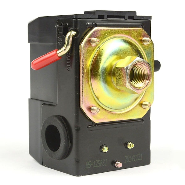 Interruptor de presión para neumáticos Interstate - Puerto sencillo de 1/4" hembra NPT - Interruptor de curva/palanca de 20 amperios 85-125 PSI - LF10-1H