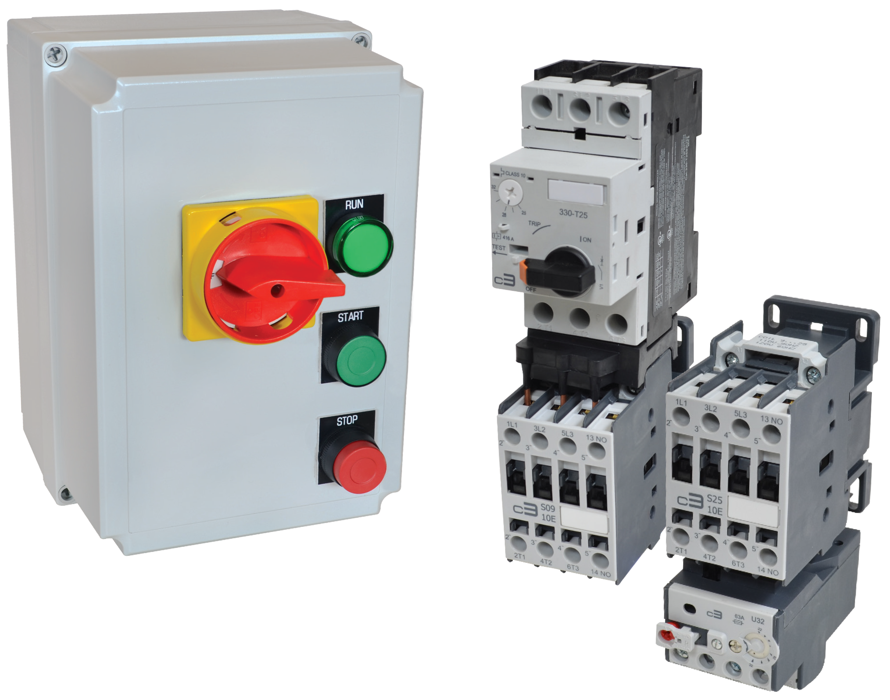 C3Controls Series 630; Series 330 Motor Protection Circuit Breaker + Series 300 Contactor Assembly, 9A, 110VAC (50Hz) / 120VAC (60Hz), 1NO, 1.6 - 2.5A, w/Front Mounted 1NO & 1 NC, w/Trip Ind. Aux. Contact - 630-S09D10-2D25-F11-T22