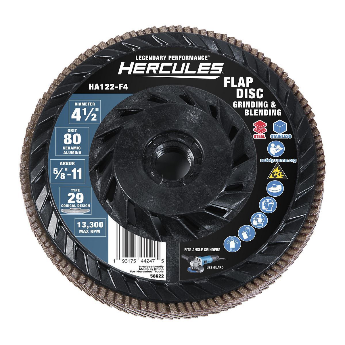 Disco de láminas tipo 29 Hercules de 4-1/2 pulgadas x 5/8 pulgadas -11 UNC con grano cerámico de 80 granos, respaldo de plástico - 58622.