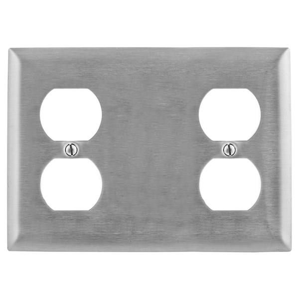 Hubbell Wiring Device-Kellems Wallplates and Boxes, Metallic Plates, 3- Gang, 1) Duplex 1) Blank, 1) Duplex, Standard Size, Stainless Steel - SS8147