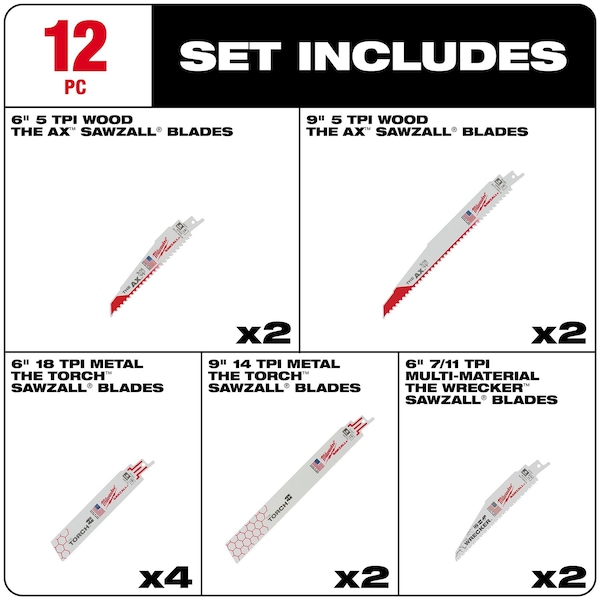 Milwaukee Tool SAWZALL Demolition Blade Set (12-Piece) - 49-22-1129