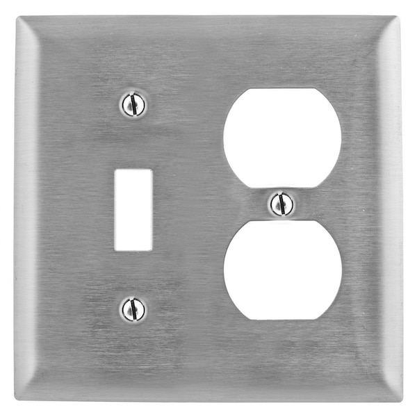 Hubbell Wiring Device-Kellems Wallplates and Boxes, Metallic Plates, 2- Gang, 1) Toggle Opening 1) Duplex Opening, 430 Stainless Steel - SS18L