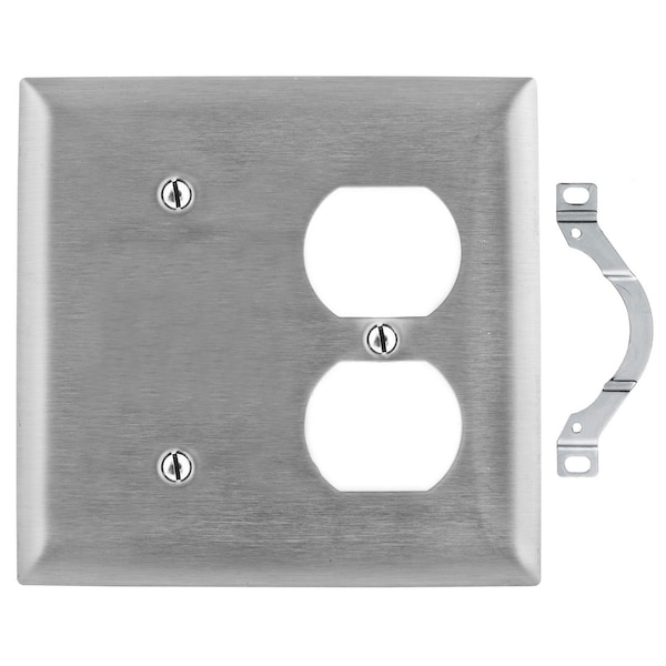 Hubbell Wiring Device-Kellems Wallplates and Boxes, Metallic Plates, 2- Gang, 1) Blank 1) Duplex Opening, Standard Size, Stainless Steel - SS148