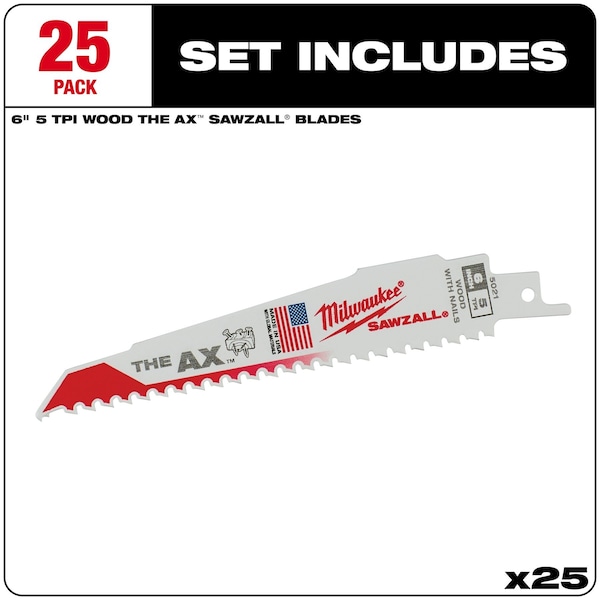Milwaukee Tool 6" 5 TPI The Ax Sawzall  Blade (25 Pk) - 48-00-8021