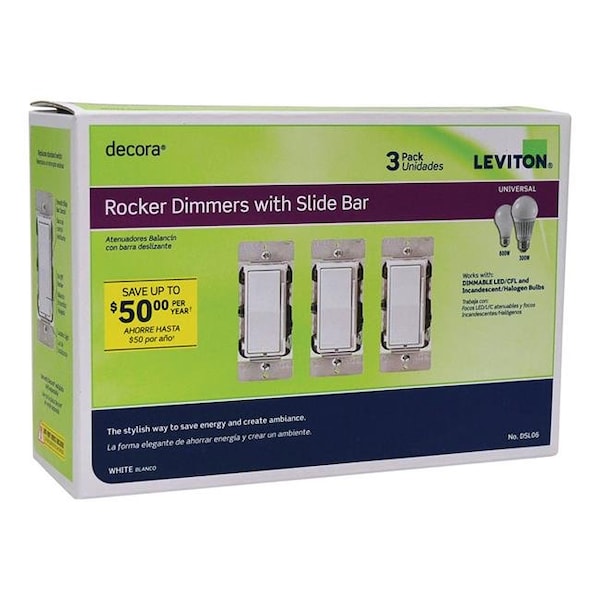 Leviton Leviton 3829918 Decora White 600 watts Rocker Dimmer - Pack of 3 - 3829918