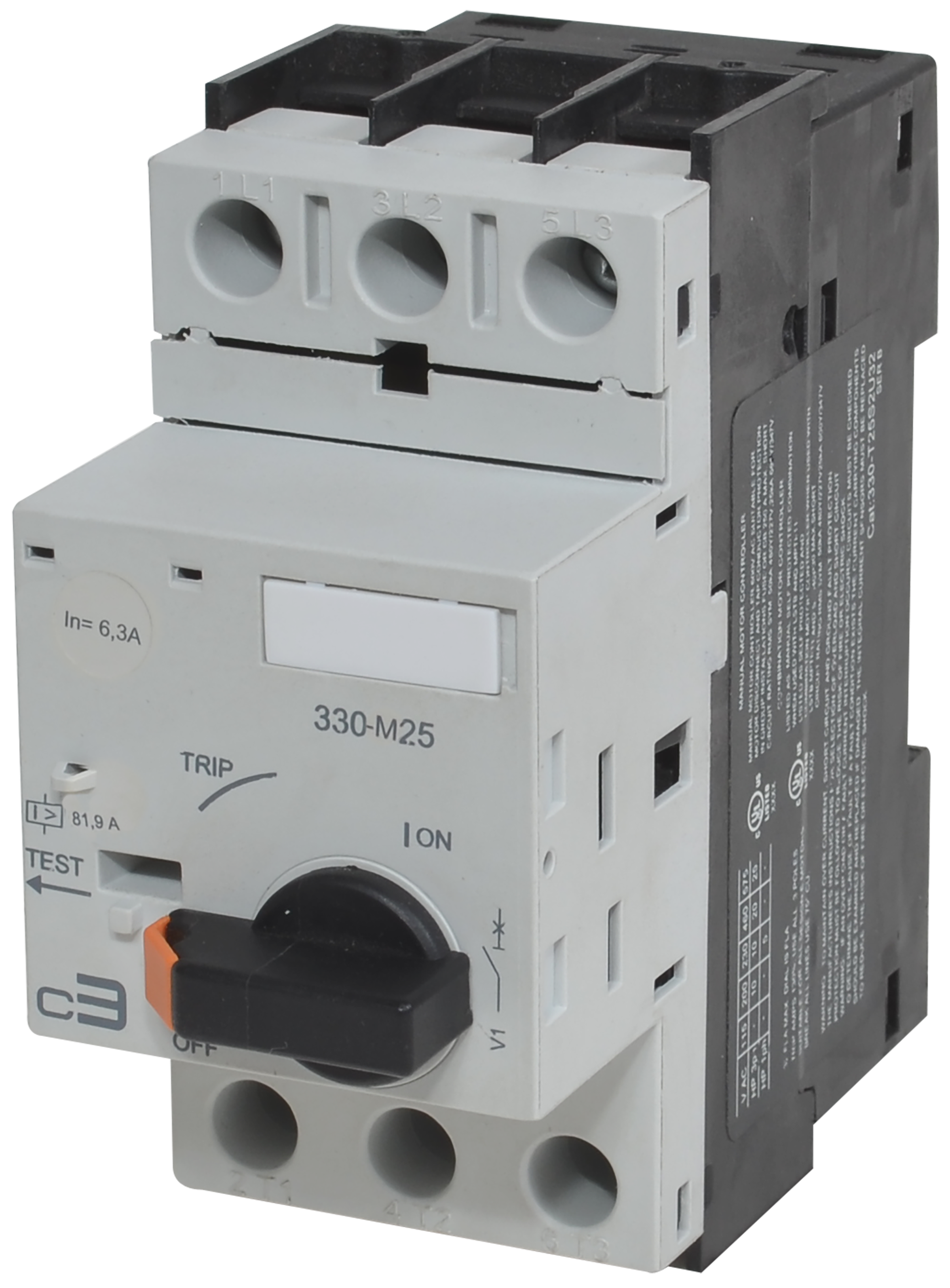 C3Controls Enclosed 32A Motor Protection Circuit Breaker w/Thermal & Magnetic Trip Elements, 4.0 - 6.3A, ABS Plastic Enclosure (175mm x 115mm), Round Handle (IP55), Black Operator / Grey Bezel, Undervoltage Release Module: 24V (50Hz) / 28V (60Hz) - E330-T2D63-ABS2EBG-UR25H