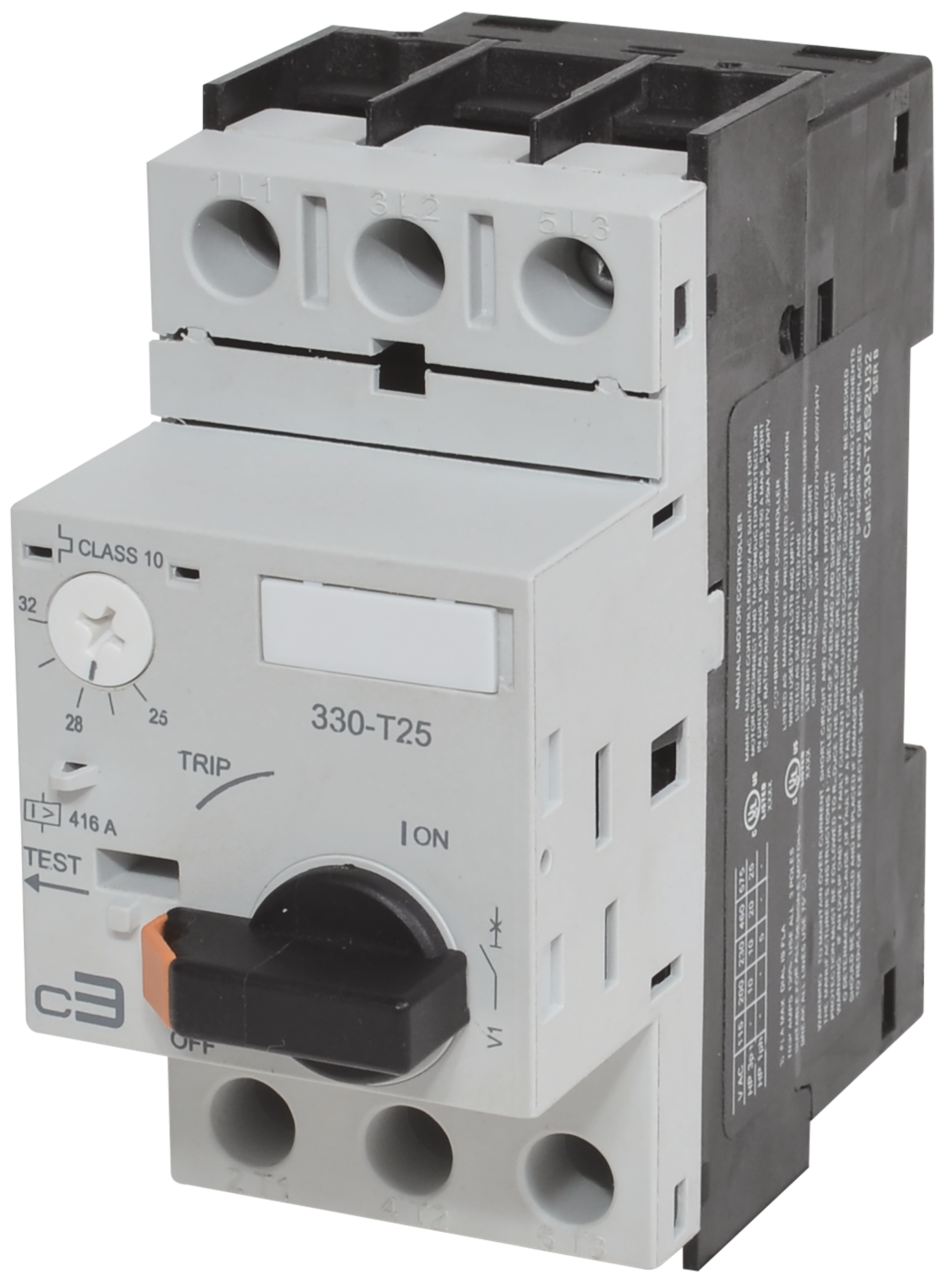 C3Controls Enclosed 32A Motor Protection Circuit Breaker w/Thermal & Magnetic Trip Elements, 10 - 16A, ABS Plastic Enclosure (175mm x 115mm), Round Handle (IP55), Black Operator / Grey Bezel, Undervoltage Release Module: 500V (50Hz) / 600V (60Hz) - E330-T2U16-ABS2EBG-UR25T