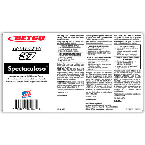 Betco Spectaculoso™ Limpiador Multiusos con Aroma a Lavanda, Botella 67.6 oz (2 L), Paquete con 4 - WBB3177422