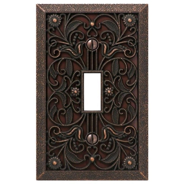 Amerelle Filigree Wallplate, 4-1/2 in L, 2-13/16 in W, 1 -Gang, Metal, Aged Bronze - 65TDB