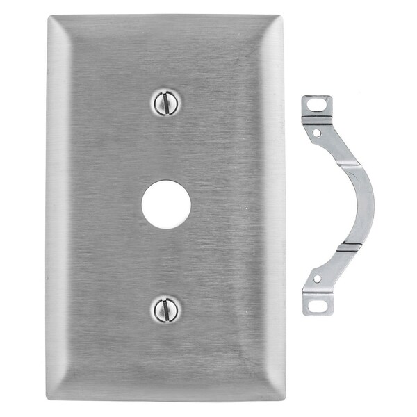 Hubbell Wiring Device-Kellems Wallplates and Boxes, Metallic Plates, 1- Gang, 1) .38" Openings, Standard Size, Stainless Steel - SS738