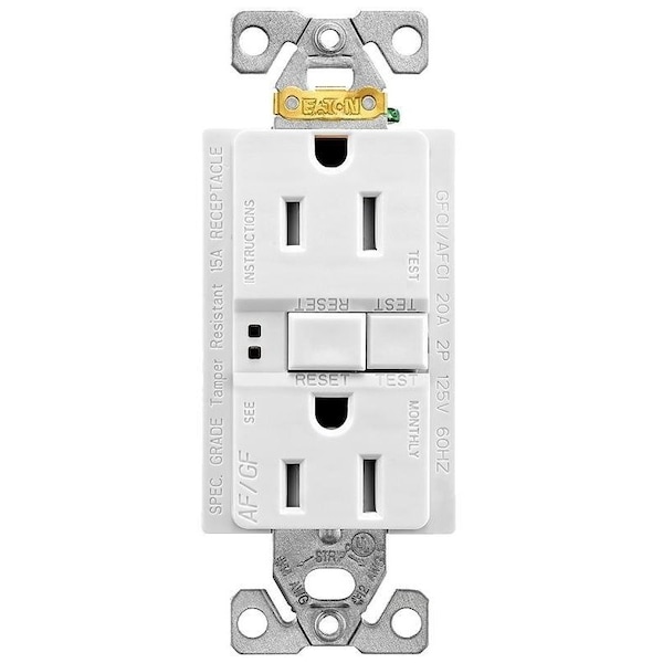 Eaton Wiring Devices Duplex Receptacle Wallplate, 2 -Pole, 15 A, 125 V, Back, Side Wiring, White - TRAFGF15W-K-L