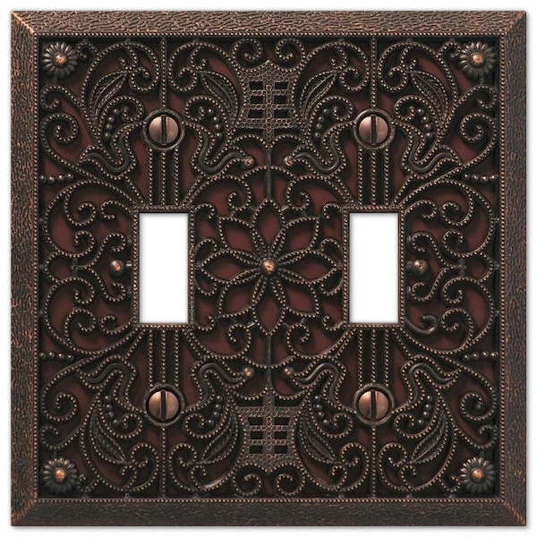 Amerelle Filigree Wallplate, 4-1/2 in L, 4-7/16 in W, 2 -Gang, Metal, Aged Bronze - 65TTDB