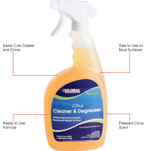 Limpiador y Desengrasante Cítrico Global Industrial™, Botella con Gatillo 32 oz, Paquete con 6 Piezas - WB670281