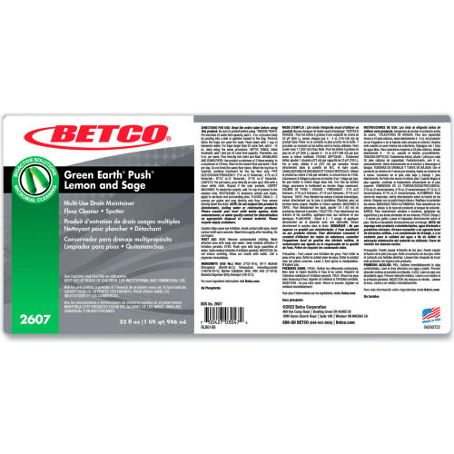 Limpiador Multiusos y Eliminador de Olores Betco Push, Aroma Limón y Salvia, Botella 32 oz, 12 por Caja - WBB3177425