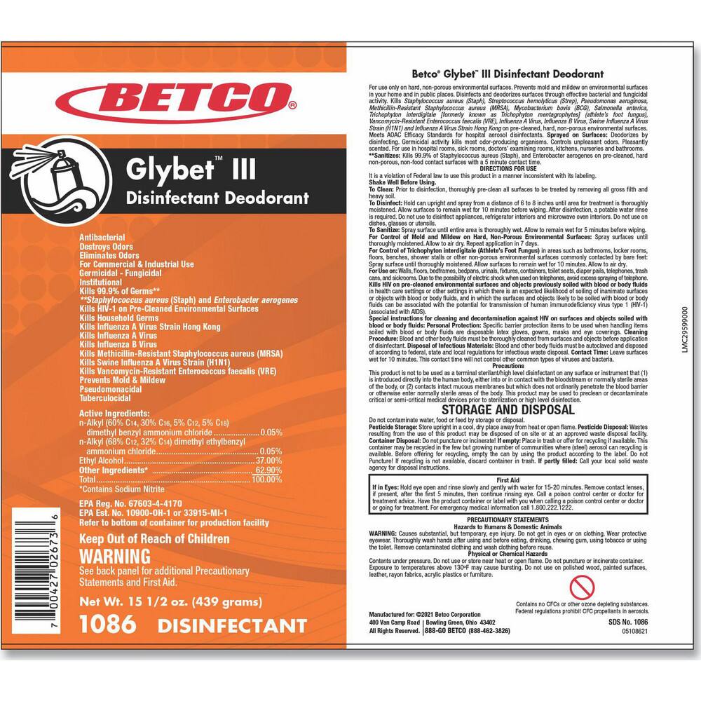 Limpiador Multiusos Betco Aerosol Desinfectante 439 ml - Aroma Cítrico y Floral