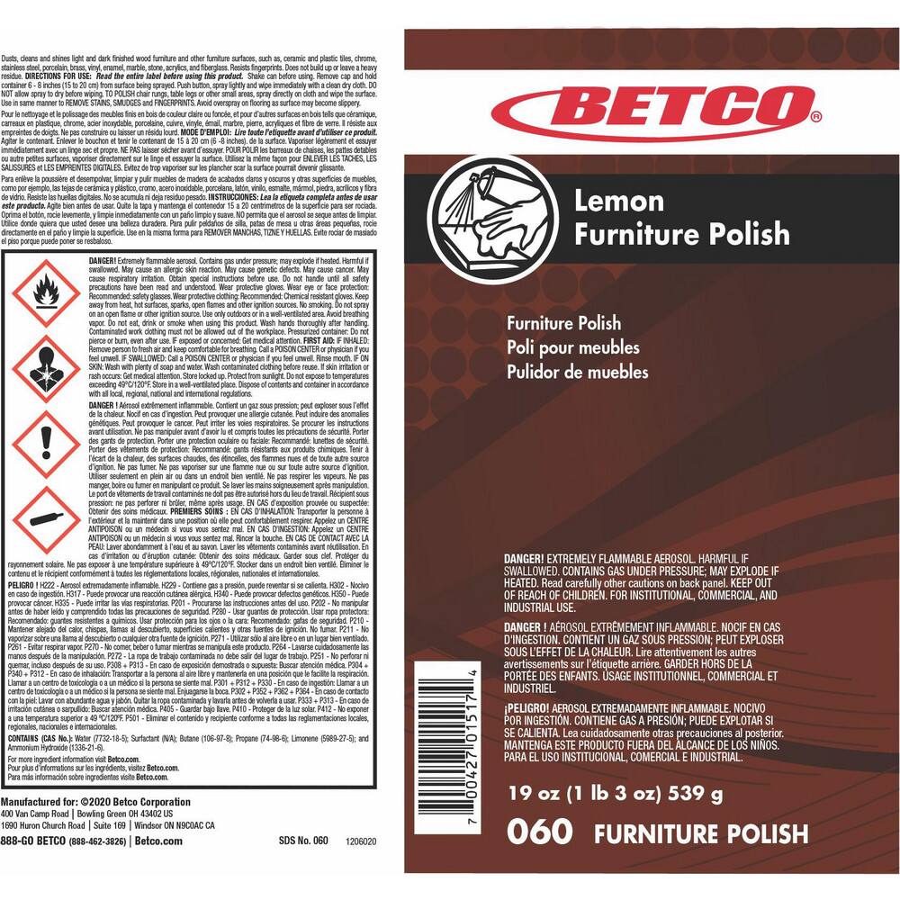 Betco Disinfectant & Cleaner:  19 oz, Aerosol Can,  No - 72968894