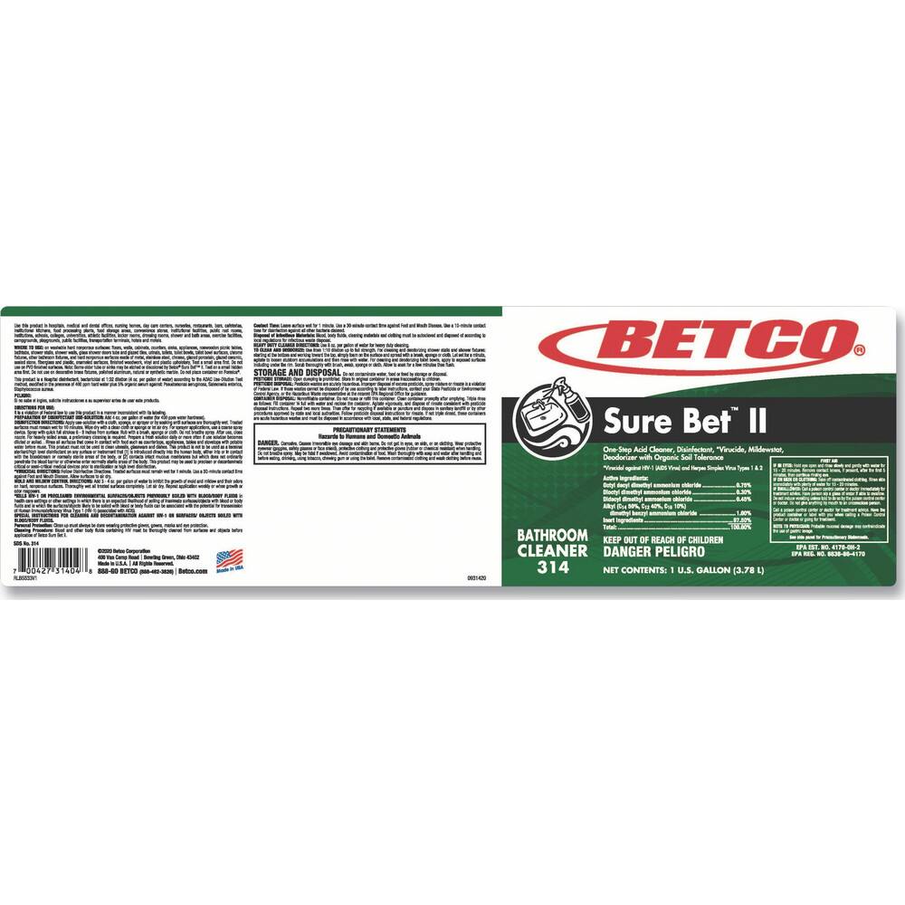 Betco Disinfectant & Cleaner:  1 gal, Bottle,  Disinfectant - 73006850