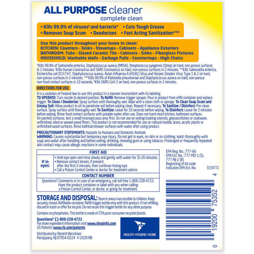 Lysol Lysol® All-Purpose Cleaner, Lemon, 32 oz. Trigger Spray Bottle, 12 Bottles - 75352 - WBB567226