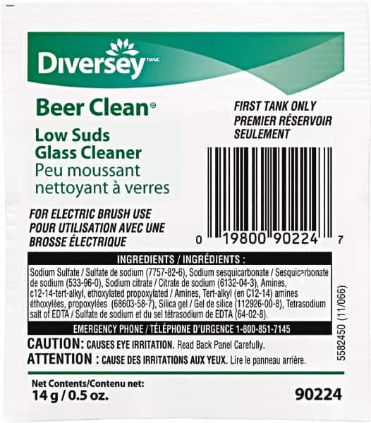 Diversey Beer Clean Low Suds Glass Cleaner, 0.5 oz, Manual, 100/CT - 50104264