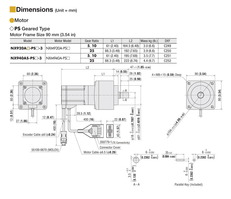 400 W (1/2 HP) Geared Servo Motor Rated Torque = 1610 oz-in (11.4 N·m) - NXM940A-PS10