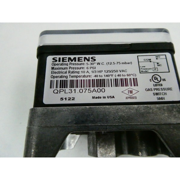 Siemens INTERRUPTOR DE PRESIÓN AUTOMÁTICO DE REINICIO BAJO 1/4IN 6PSI 125/250V-AC - QPL31.075A00