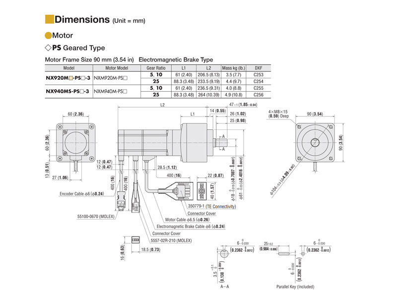 200 W (1/4 HP) Geared Servo Motor Rated Torque = 810 oz-in (5.73 N·m) - NXM920M-PS10
