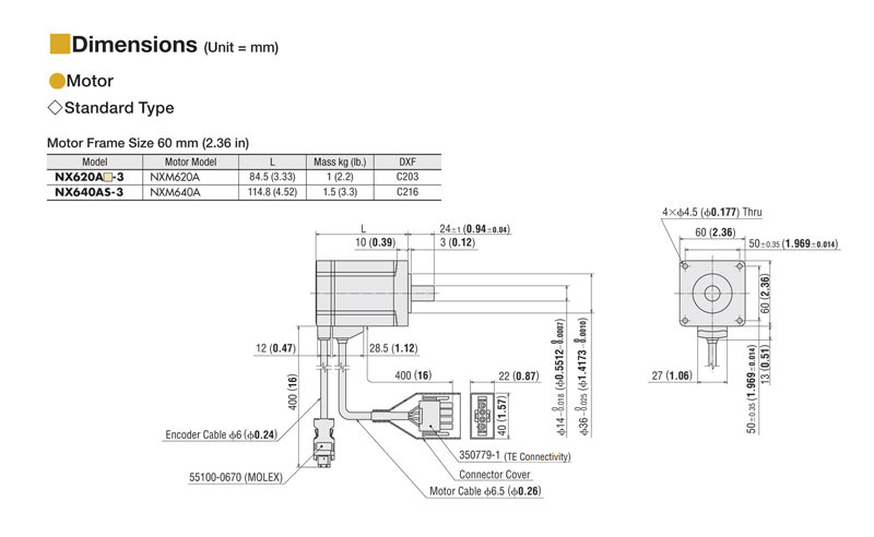 200 W (1/4 HP) Servo Motor Rated Torque = 90 oz-in (0.637 N·m) - NXM620A