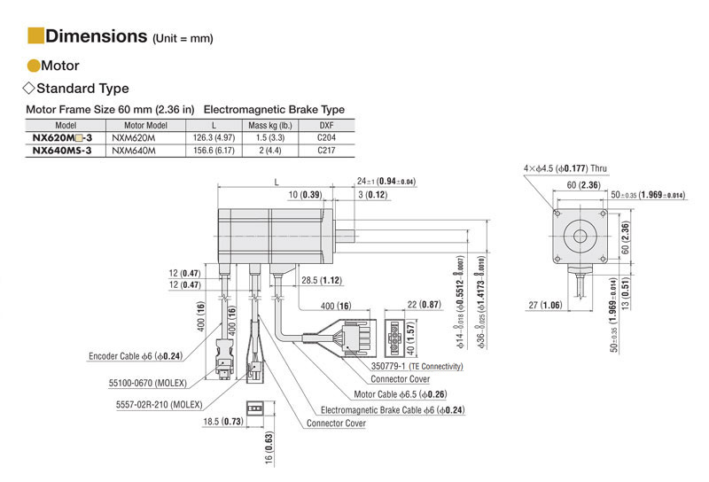 200 W (1/4 HP) Servo Motor Rated Torque = 90 oz-in (0.637 N·m) - NXM620M