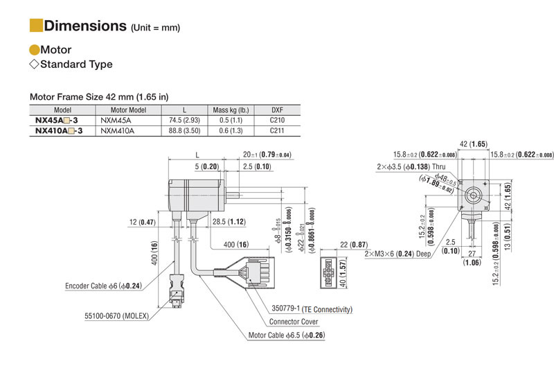 100 W (1/8 HP) Servo Motor Rated Torque = 45 oz-in (0.318 N·m) - NXM410A