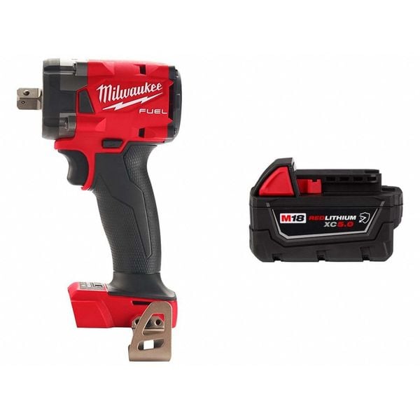 Milwaukee Tool Impact Wrench and Battery (5.0 Ah), Drive Size 1/2 in Square, 18 V - 2855P-20, 48-11-1850R