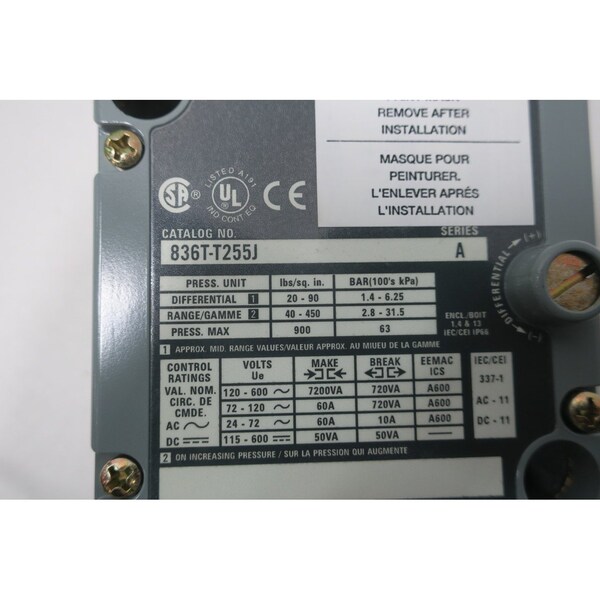Interruptor de presión Allen Bradley 40-450PSI 120-600V-CA - 836T-T255J
