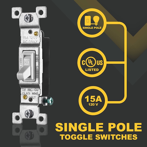 Faith White Toggle Light Switch, Single Pole Standard Switch, 15 Amp, Grounding Screw, 120V, 10PK - SSK2-WH-10