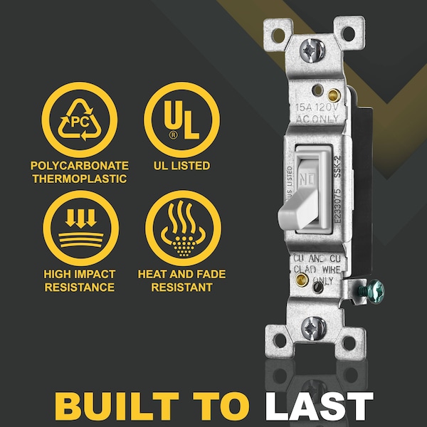 Faith White Toggle Light Switch, Single Pole Standard Switch, 15 Amp, Grounding Screw, 120V, 10PK - SSK2-WH-10