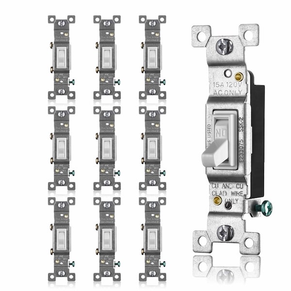 Faith White Toggle Light Switch, Single Pole Standard Switch, 15 Amp, Grounding Screw, 120V, 10PK - SSK2-WH-10