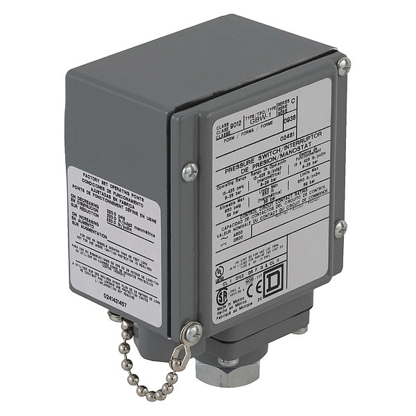 Interruptor de presión Telemecanique Sensors, (1) puerto, 1/4-18 pulgadas FNPT, DPDT, 13 a 425 psi, Acción estándar - 9012GBW21