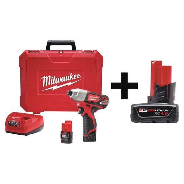 Milwaukee Tool 12V 1/4" Cordless Impact Driver Kit, (2) 1.5Ah Batteries - 2462-22, 48-11-2440