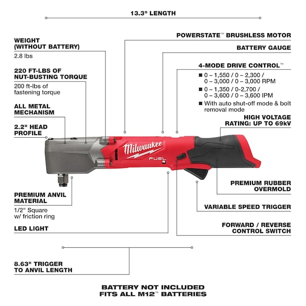 Milwaukee Tool Cordless Impact Wrench, 1/2 in Square, 12V DC, 3000 RPM, Includes Battery (4.0 Ah) - 2565-20, 48-11-2440