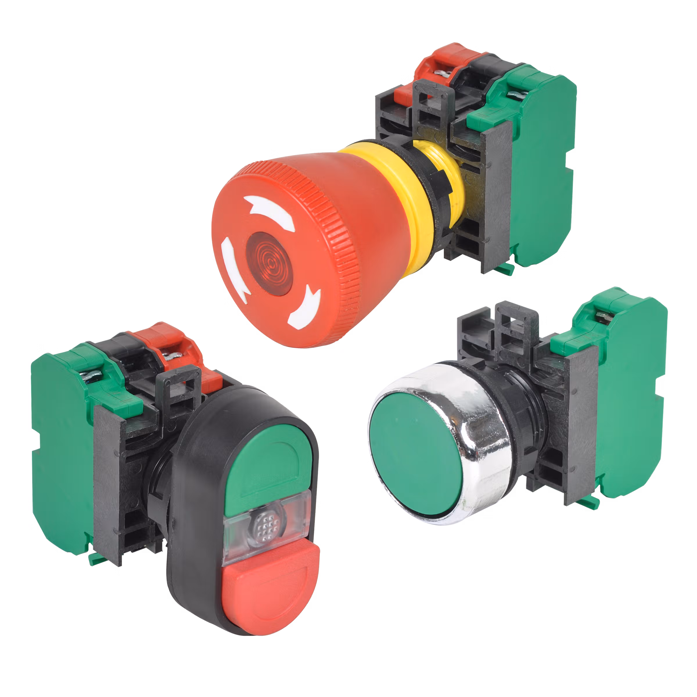 C3Controls 22mm IEC Main. Illum. 2&3-Pos. Push-Pull Release, (3 Position), Black Polyester Bezel, Mushroom Lens, Green, Full Voltage, 24V AC/DC, 2NC Contact Blocks - W22IPP3A-MG-FM24NL-02