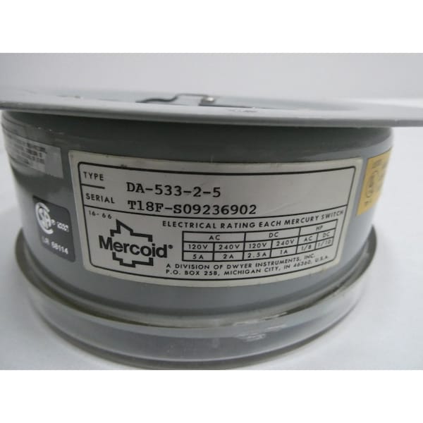 Interruptor de presión Mercoid de 1/4 de pulgada, 2-60 PSI, 120/240V-AC 120/240V-DC - DA-533-2-5