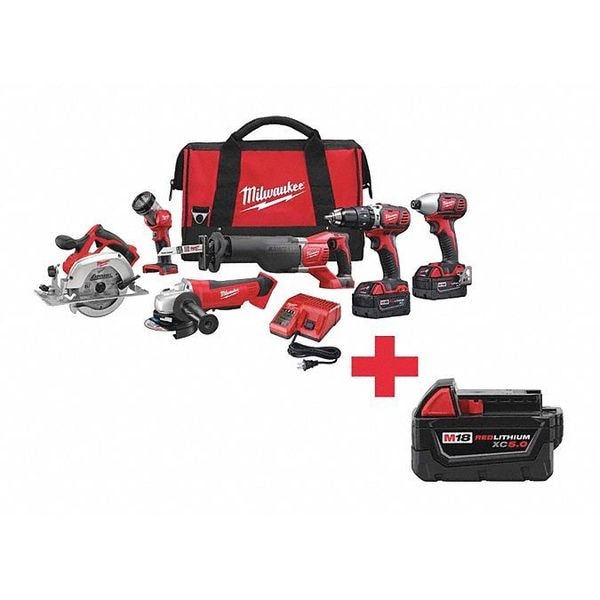 Milwaukee Tool Cordless Combination Kit, 18.0V, 6 Tools & 3 Batteries - 2696-26, 48-11-1850
