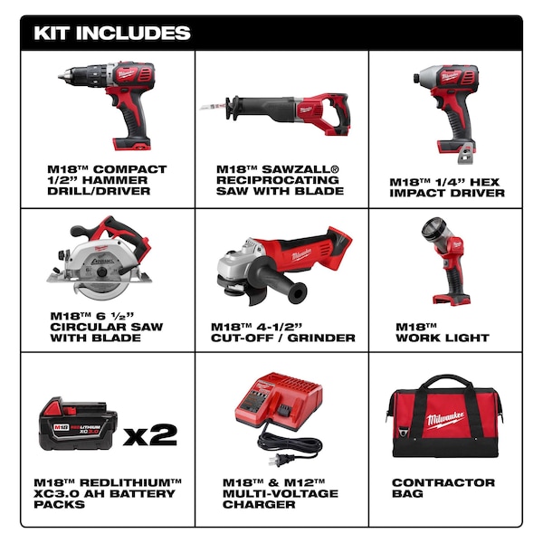 Milwaukee Tool Cordless Combination Kit, 18.0V, 6 Tools & 3 Batteries - 2696-26, 48-11-1850
