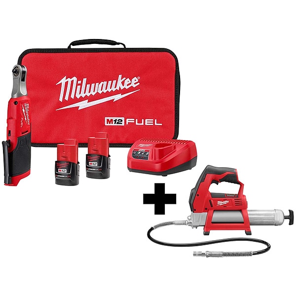 Milwaukee Tool M12 FUEL 1/4" HS Ratchet, M12 Grease Gun - 2566-22, 2446-20