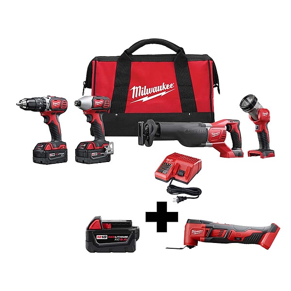 Milwaukee Tool M18 Combo Kit, Battery and Multi-Tool, 5 Tools - 2696-24, 48-11-1850, 2626-20