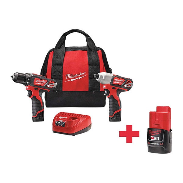 Milwaukee Tool Drill & Impact Driver, 12 V, Includes Batteries (1) 2.0 Ah, (2) 1.5 Ah - 2494-22, 48-11-2420