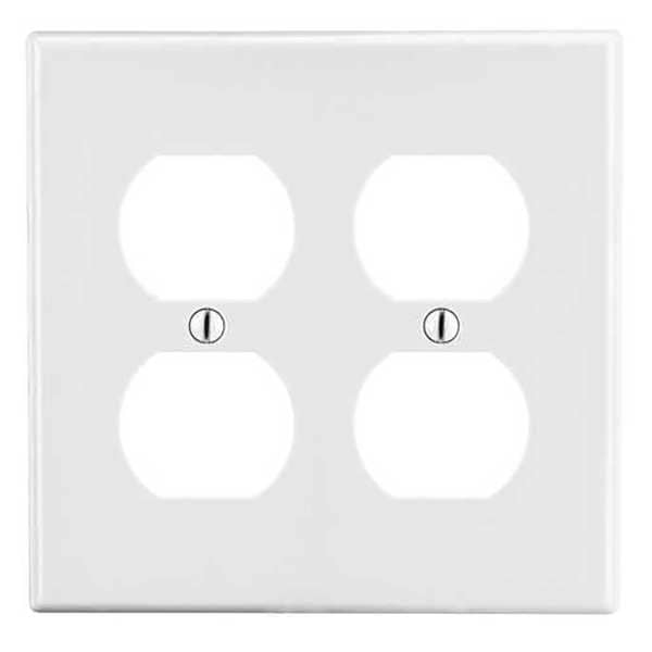 Hubbell Duplex Receptacle Wall Plate, Number of Gangs: 2 Plastic, Smooth Finish, White - PJ82W