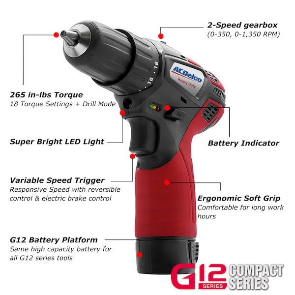 Acdelco G12 K10 Combo 3/8" Ratchet Wrench, Impact Driver & Drill - ARW1208-K10